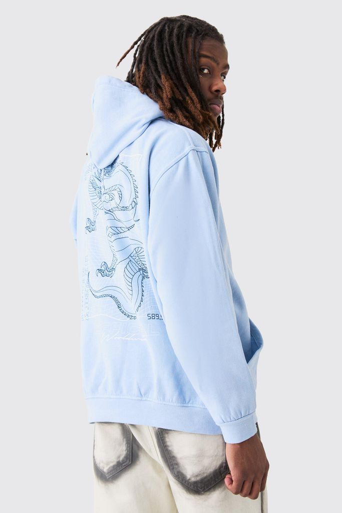 Men's Oversized Overdyed Dragon Graphic Hoodie - Blue - S, Blue