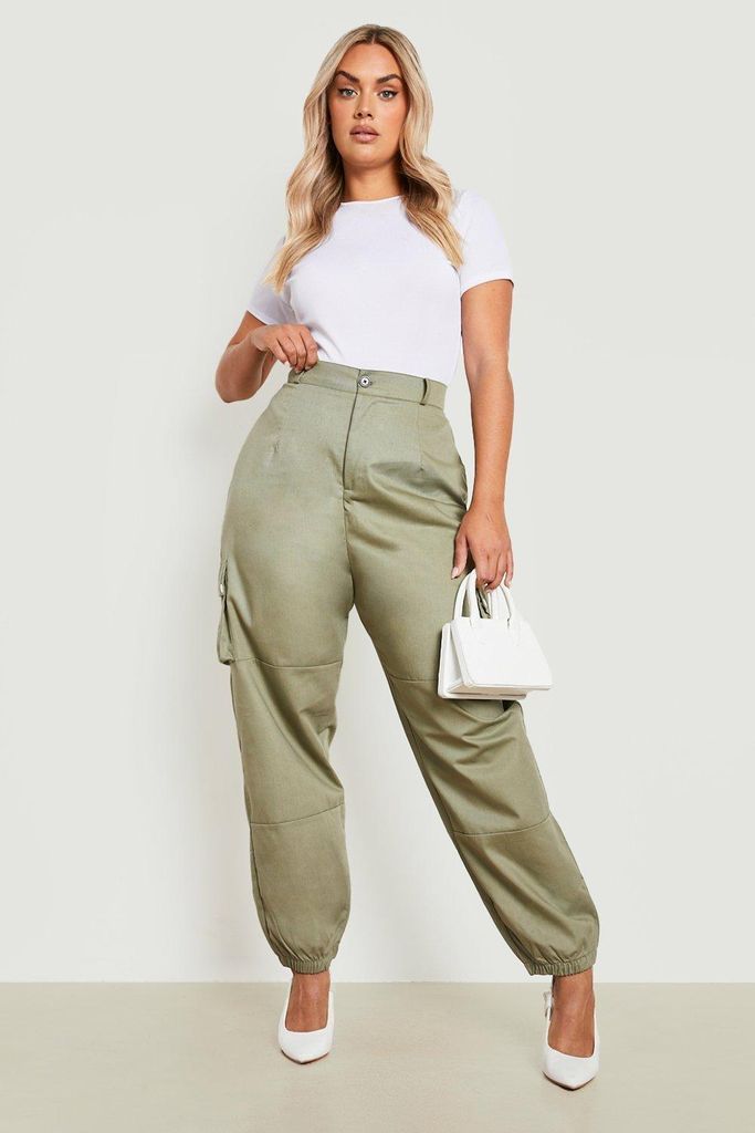 Womens Plus High Waisted Woven Pocket Cargo Trousers - Green - 22, Green