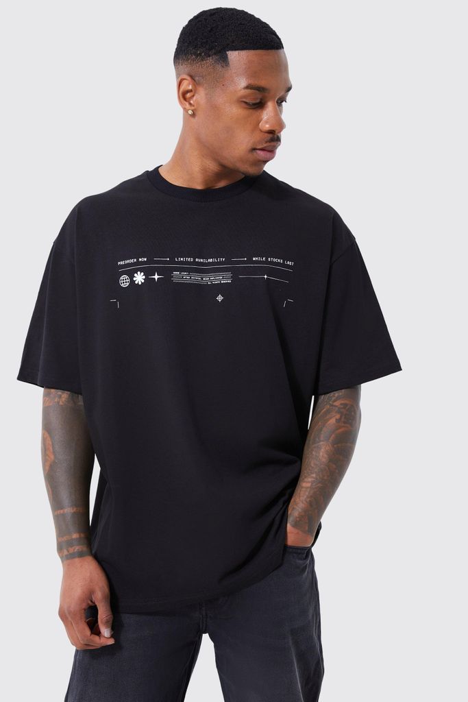 Men's Oversized Embroidered Graphic T-Shirt - Black - L, Black