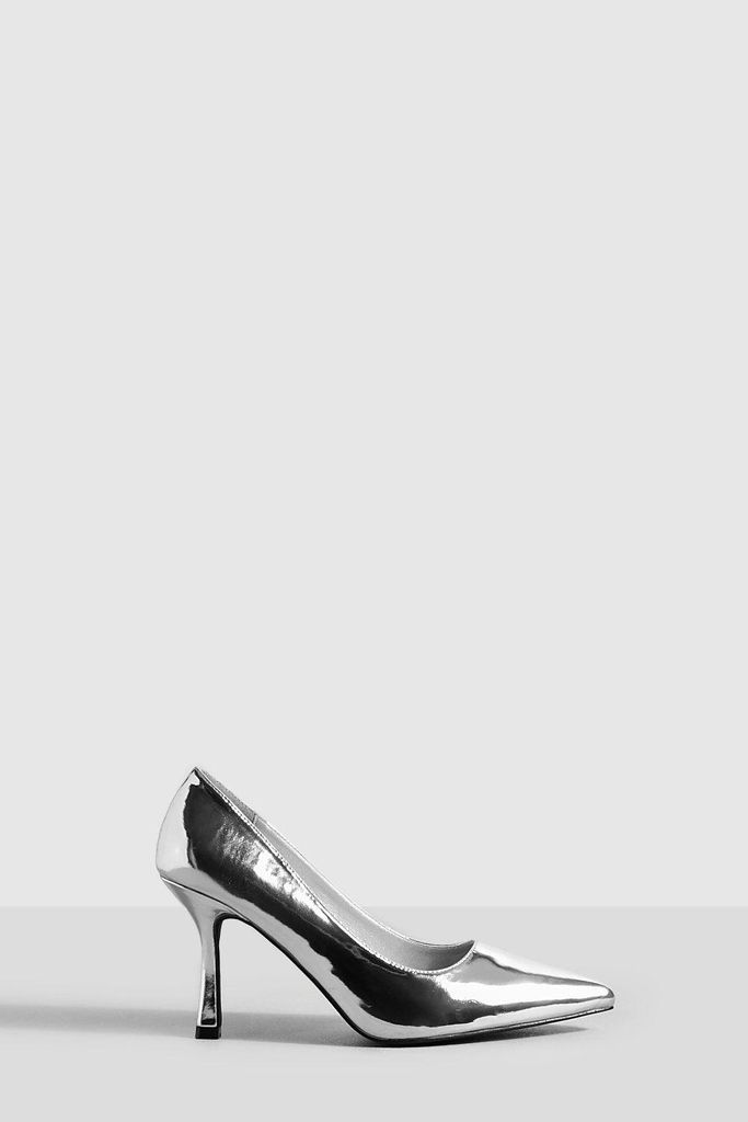 Womens Wide Fit Metallic Low Stiletto Court Shoe - Grey - 5, Grey