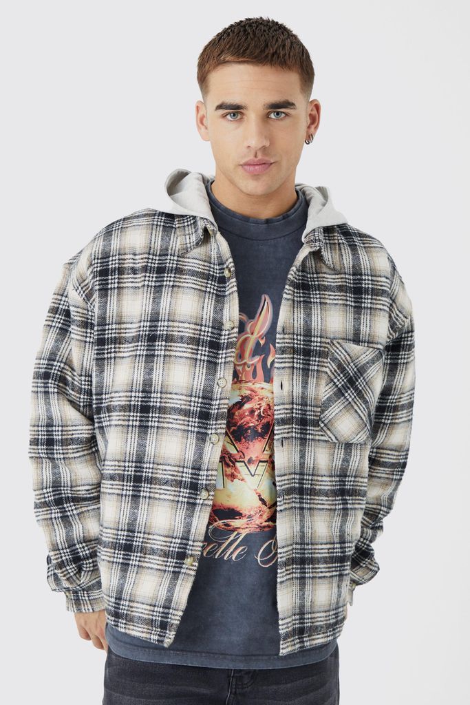 Men's Oversized Detachable Hood Quilted Check Shirt - Multi - S, Multi