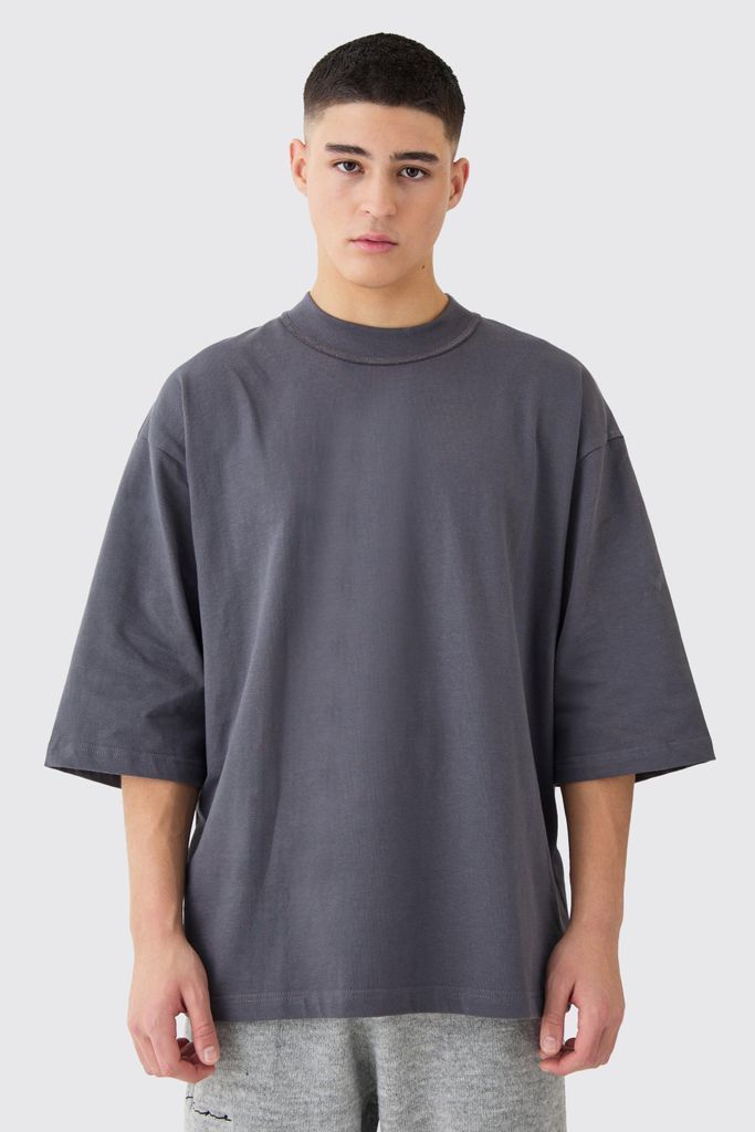 Men's Oversized Half Sleeve Heavy Layed On Neck Carded T-Shirt - Grey - S, Grey