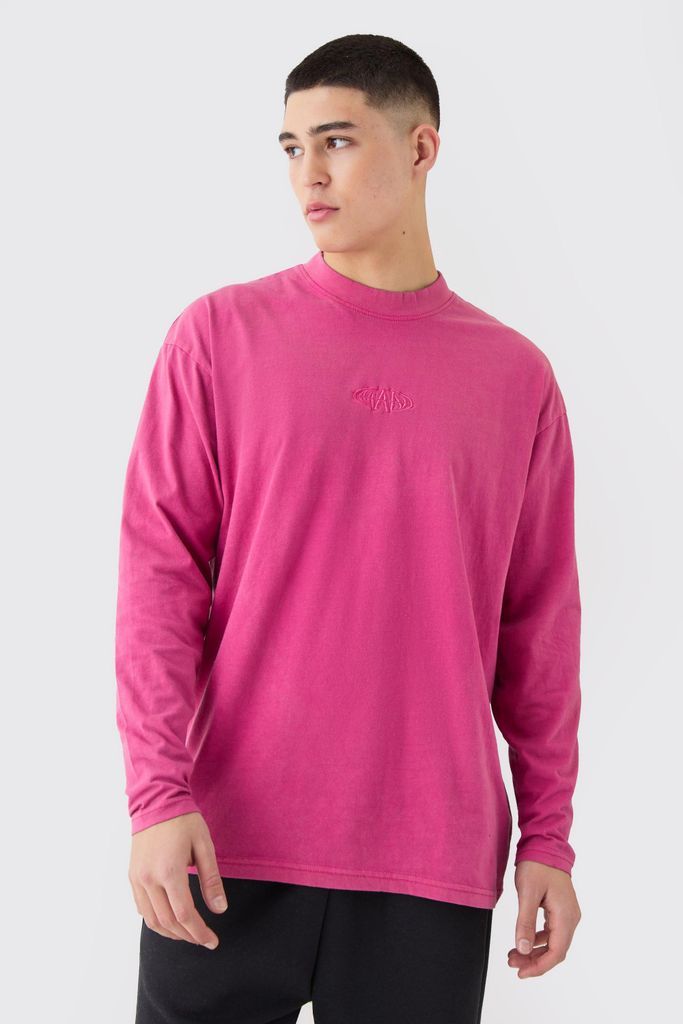 Men's Oversized Man Extended Neck Washed Long Sleeve T-Shirt - Pink - S, Pink