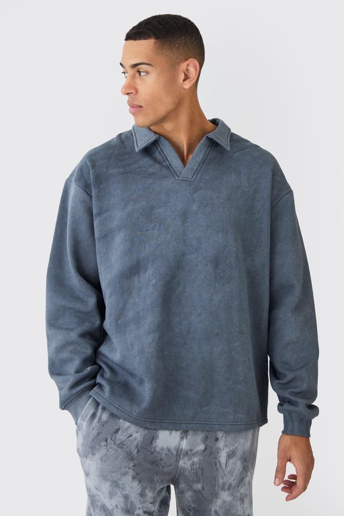 Men's Oversized Washed Revere Rugby Sweatshirt Polo - Grey - S, Grey