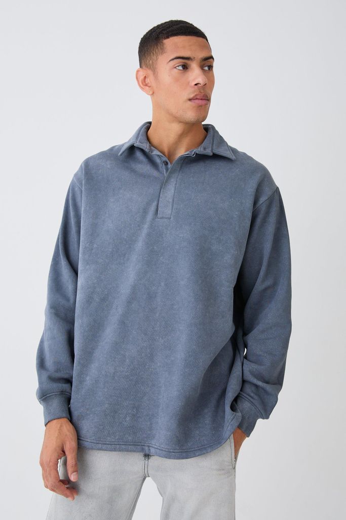 Men's Oversized Washed Rugby Sweatshirt Polo - Grey - S, Grey
