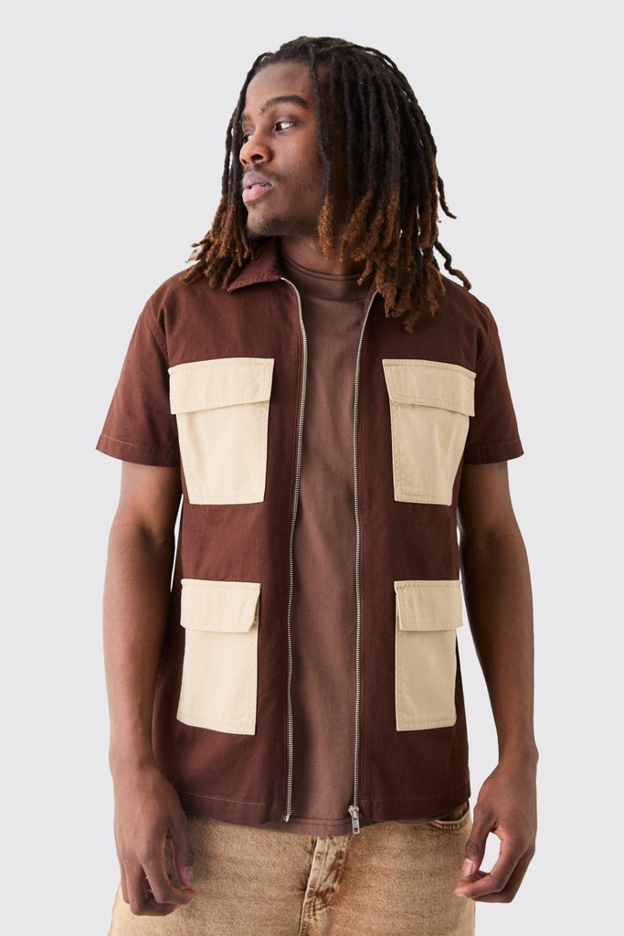 Men's Short Sleeve Contrast Pocket Twill Shirt - Brown - S, Brown