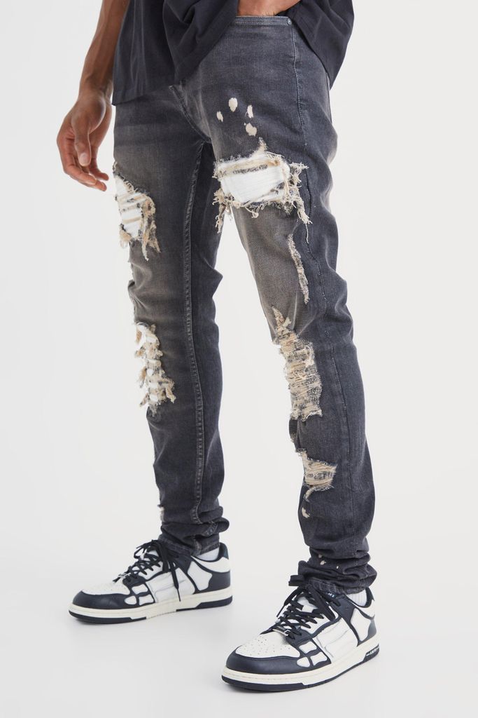Men's Skinny Stretch Stacked White Pu Biker Rip & Repair Jeans - Grey - 28R, Grey