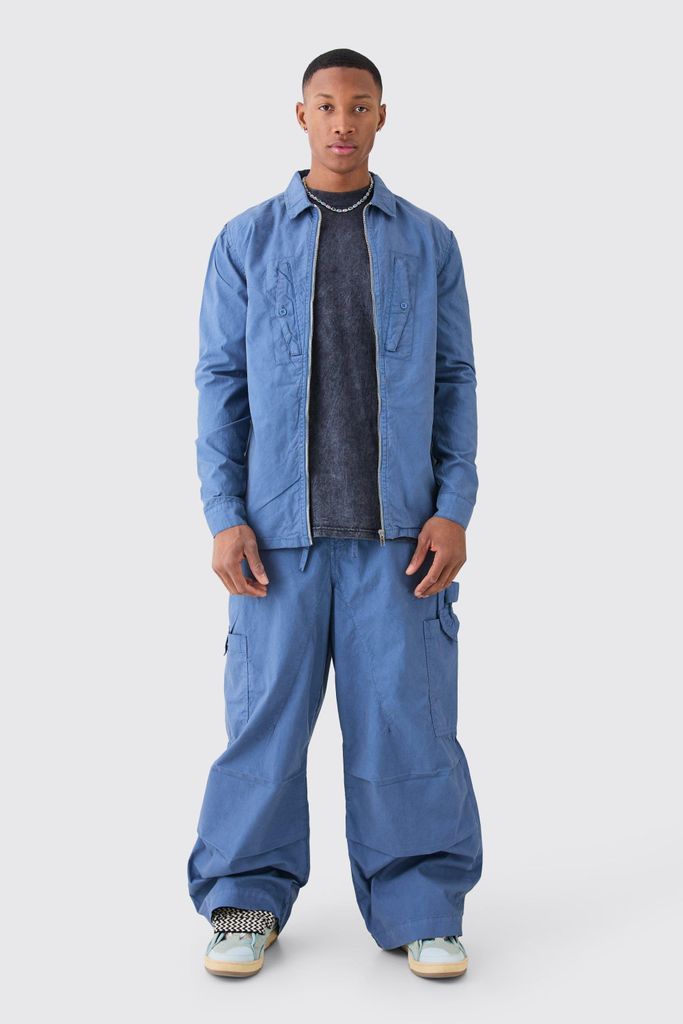 Men's Zip Through Washed Long Sleeve Twill Shirt - Blue - S, Blue