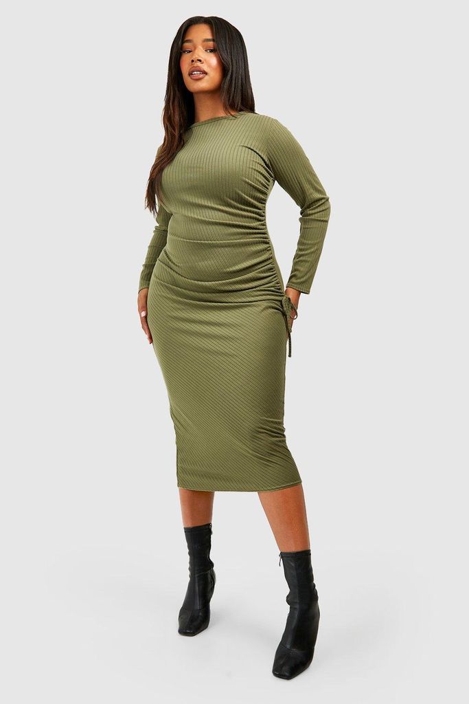 Womens Plus Wide Soft Rib Ruched Midi Dress - Green - 16, Green