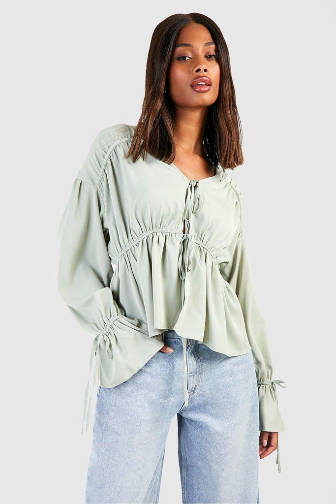Womens Tie Front Frill Sleeve Blouse - Green - 6, Green