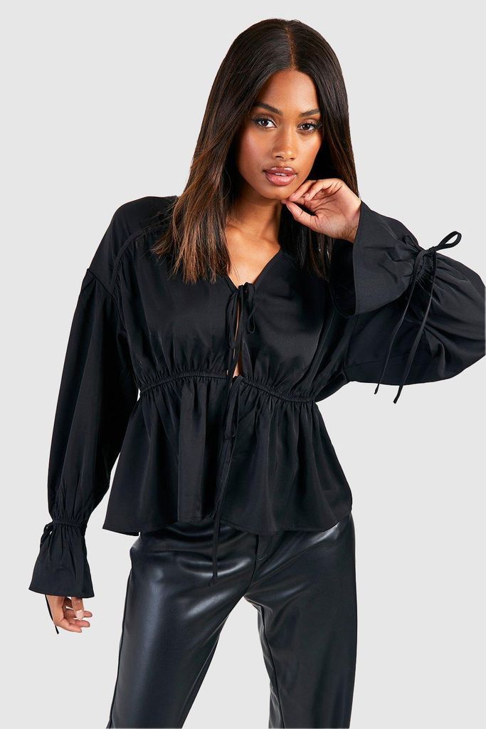 Womens Tie Front Frill Sleeve Blouse - Black - 6, Black