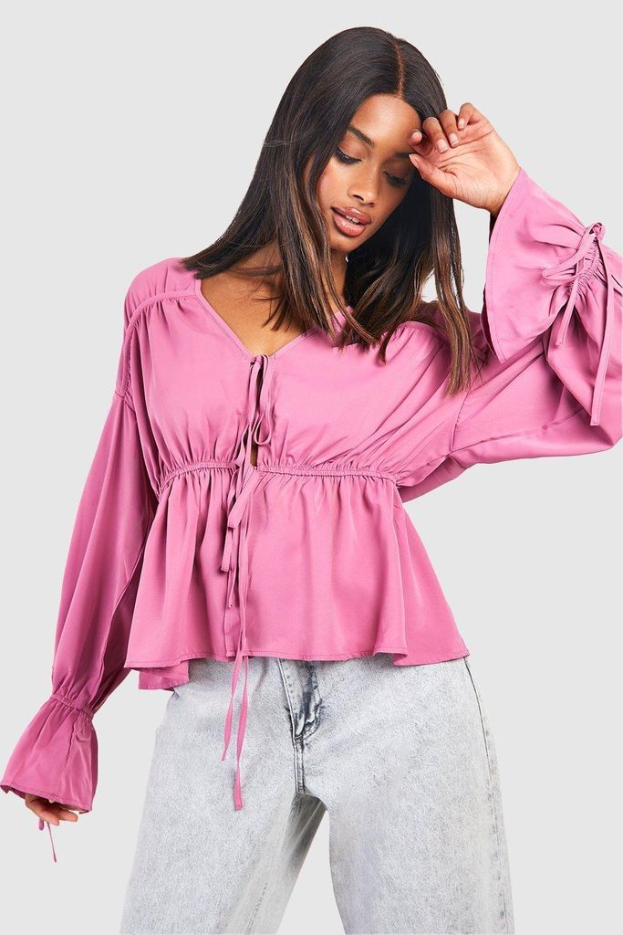 Womens Tie Front Frill Sleeve Blouse - Pink - 6, Pink