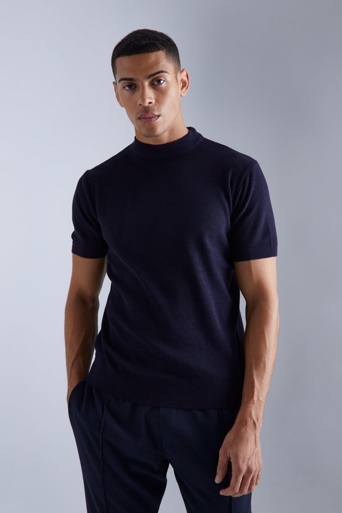 Men's Short Sleeve Roll/Polo Neck Rib Knitted T-Shirt - Navy - S, Navy