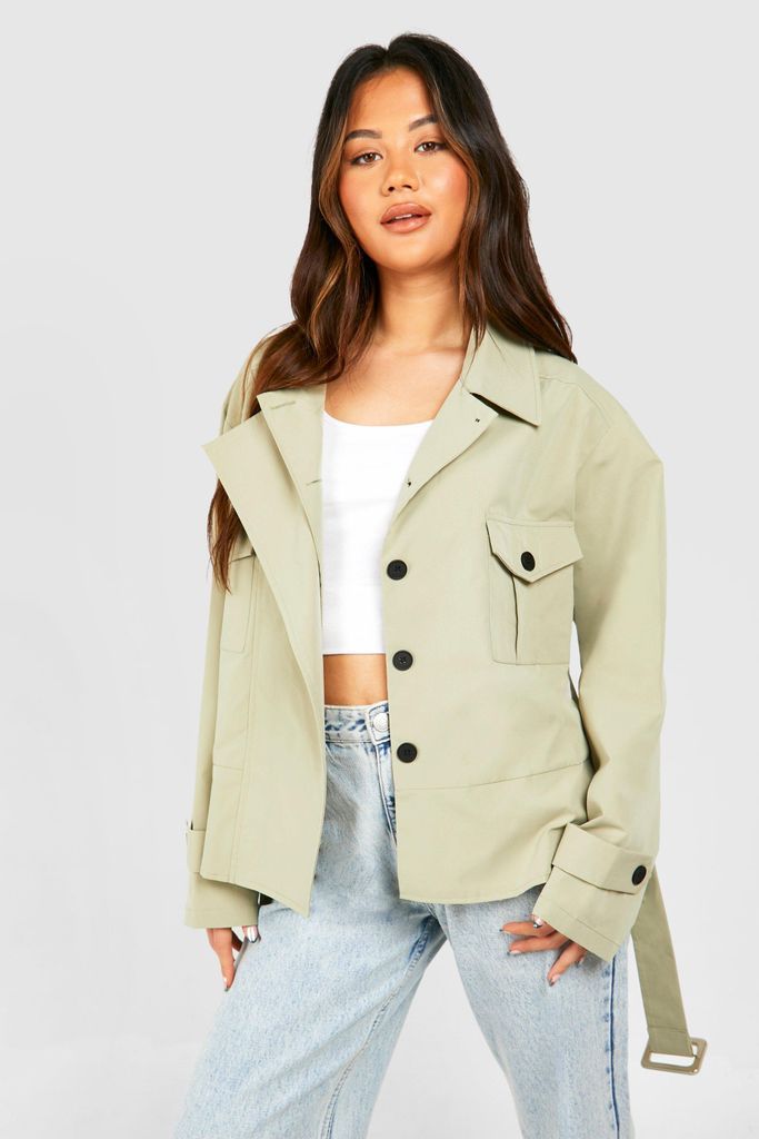 Womens Utility Pocket Detail Crop Trench Coat - Green - 8, Green