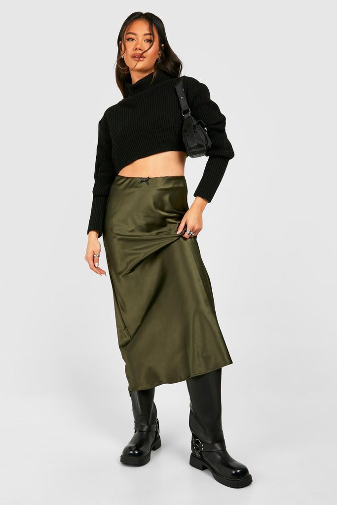 Womens Lace Trim Satin Slip Maxi Skirt - Green - 6, Green