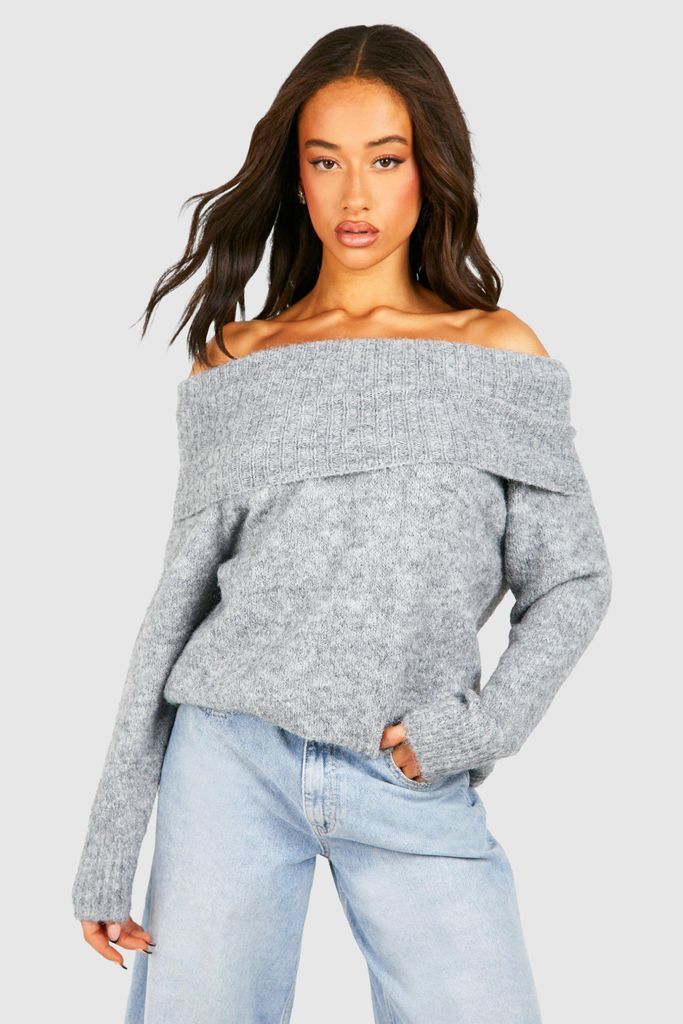 Womens Premium Soft Knit Bardot Oversized Jumper - Grey - S/M, Grey