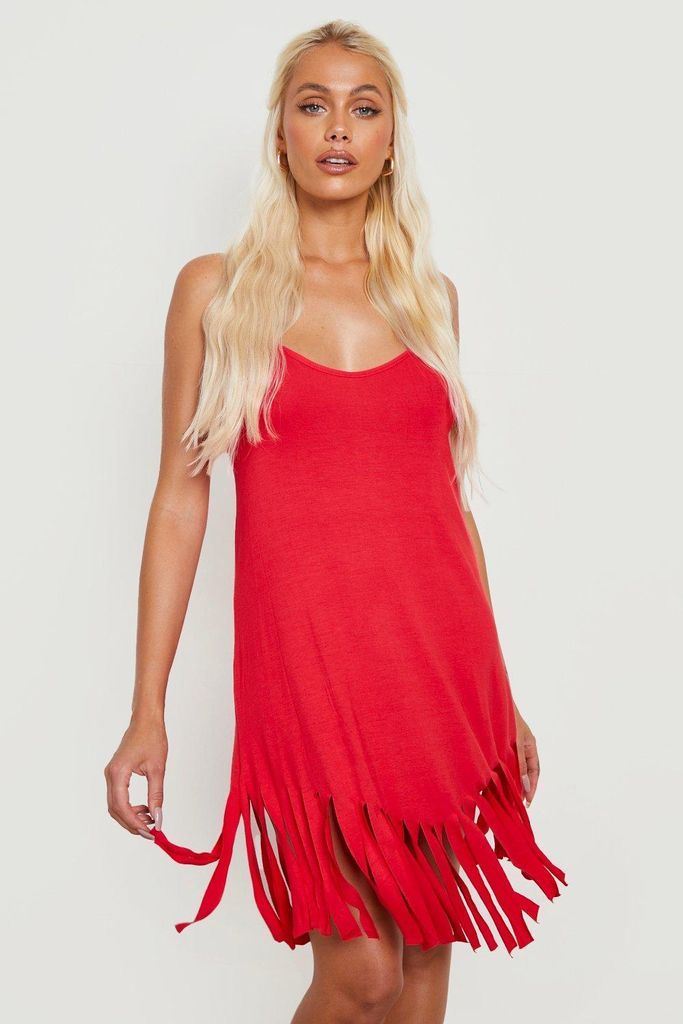 Womens Strappy Tassel Mini Beach Dress - Red - L, Red