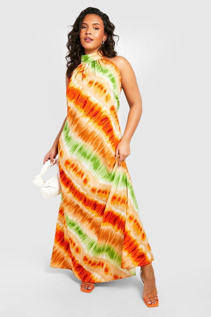 Womens Plus High Neck Tie Dye Swing Maxi Dress - Orange - 28, Orange