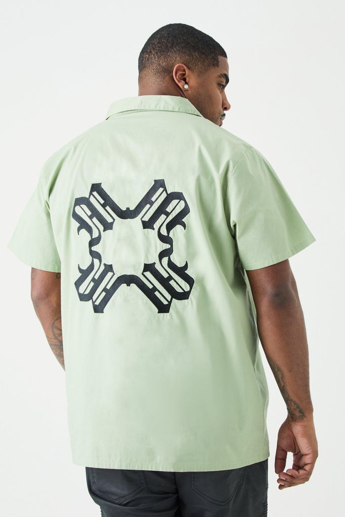 Men's Plus Short Sleeve Drop Revere Back Embroidered Shirt - Green - Xxxl, Green