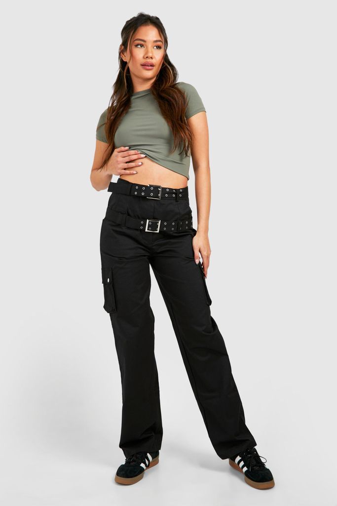 Womens Double Belted Straight Fit Cargo Trousers - Black - 6, Black