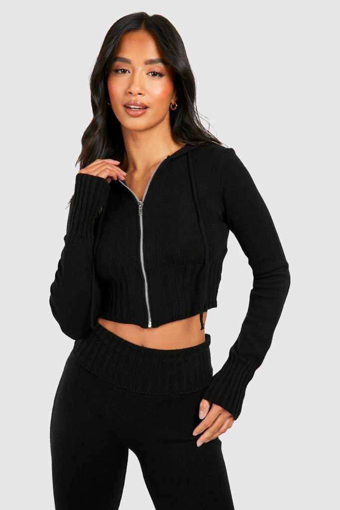Womens Petite Knitted Cropped Zip Through Hoodie - Black - S, Black