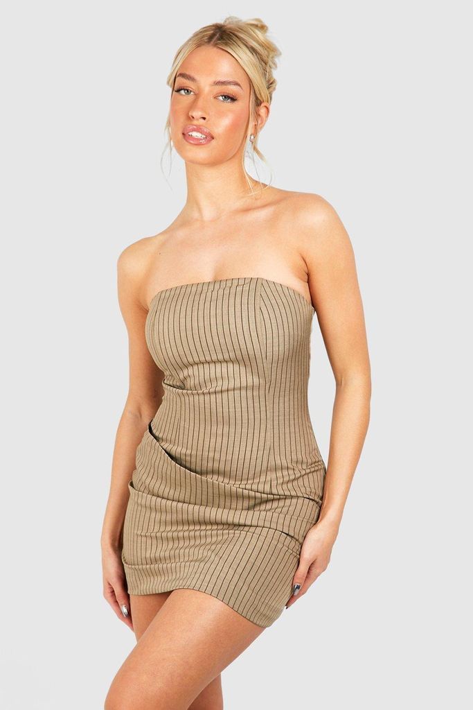 Womens Pinstripe Corset Drape Front Mini Dress - Beige - 6, Beige