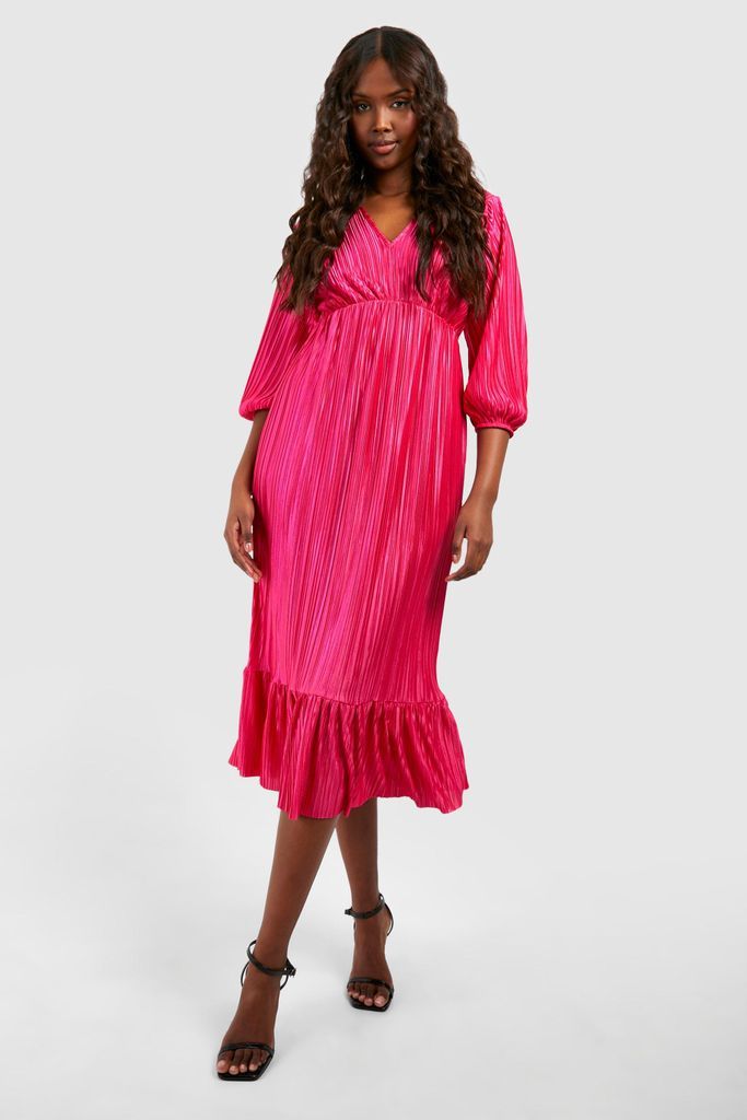 Womens Plisse Puff Sleeve Frill Midi Dress - Pink - 8, Pink