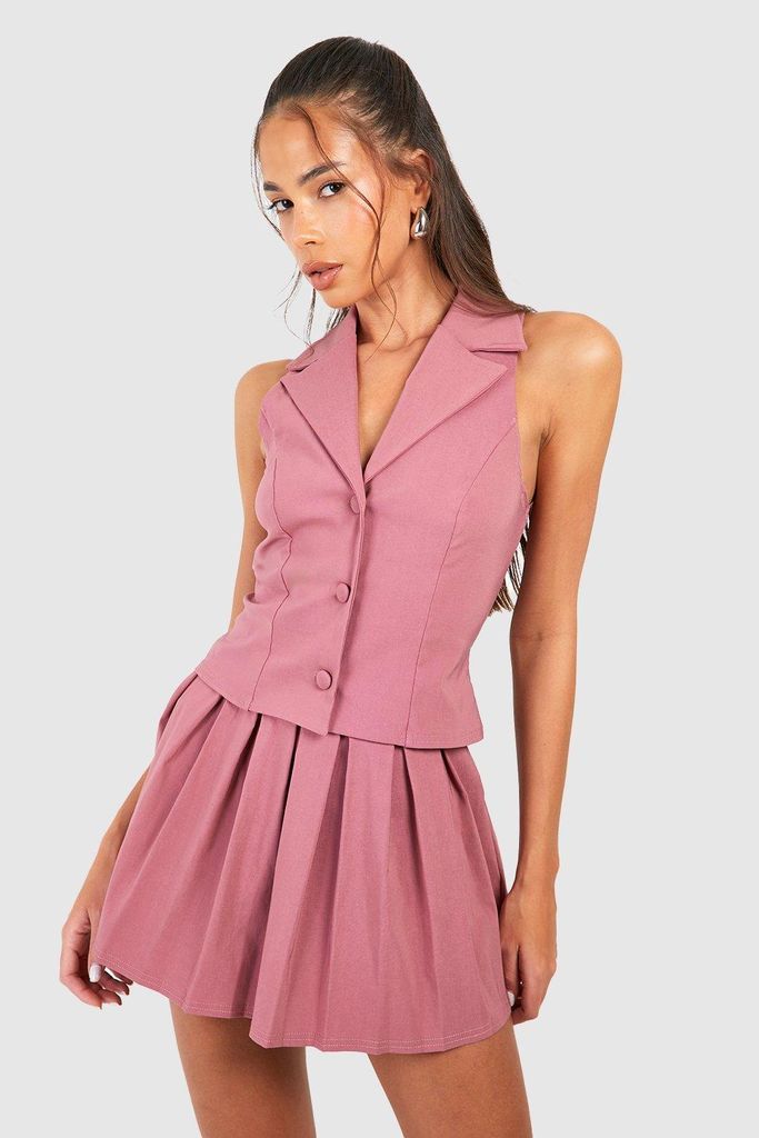 Womens Plunge Front Waistcoat & Pleated Mini Skirt - Pink - 6, Pink