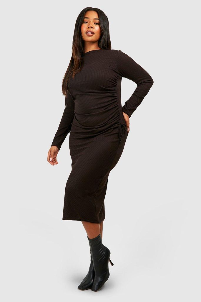 Womens Plus Wide Soft Rib Ruched Midi Dress - Black - 16, Black