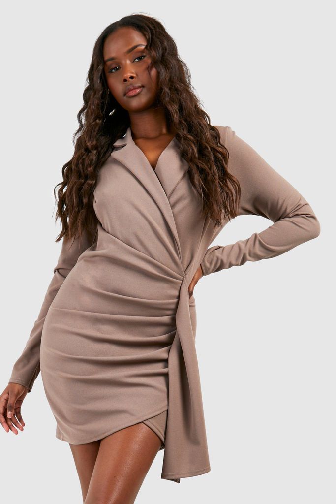 Womens Ruched Drape Long Sleeve Blazer Dress - Beige - 8, Beige