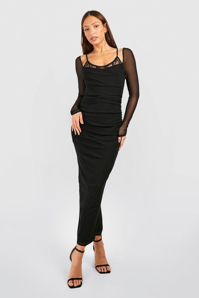 Womens Tall Mesh Lace Trim Detail Midaxi Dress - Black - 8, Black
