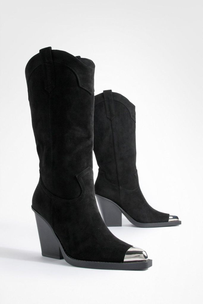Womens Toe Cap Chunky Rand Western Cowboy Boots - Black - 3, Black