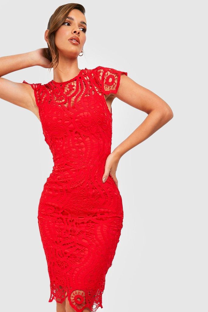 Womens Lace Cap Sleeve Midi Dress - Red - 10, Red