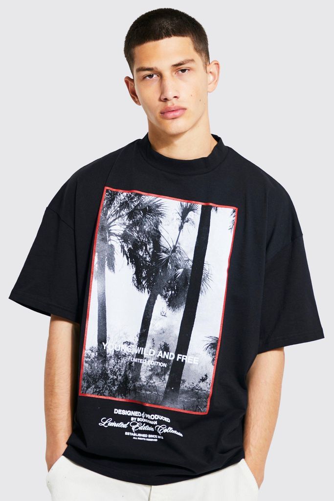Men's Oversized Extended Neck Photographic T-Shirt - Black - M, Black