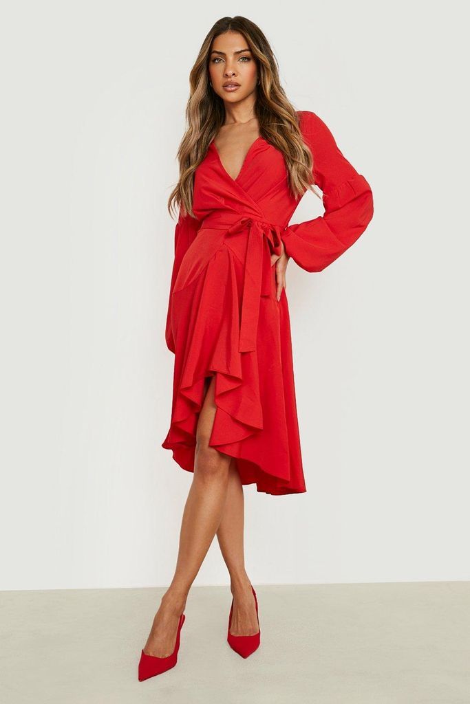 Womens Tie Front Ruched Sleeve Ruffle Midi Dress - Red - 18, Red