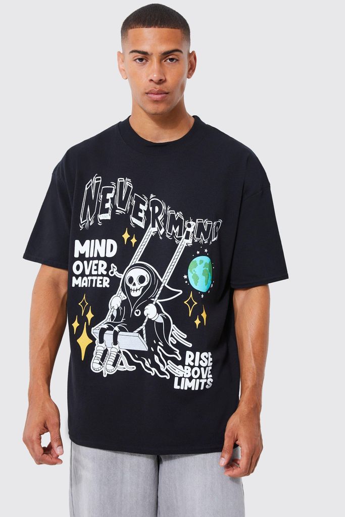 Men's Oversized Mind Over Matter Skeleton T-Shirt - Black - L, Black