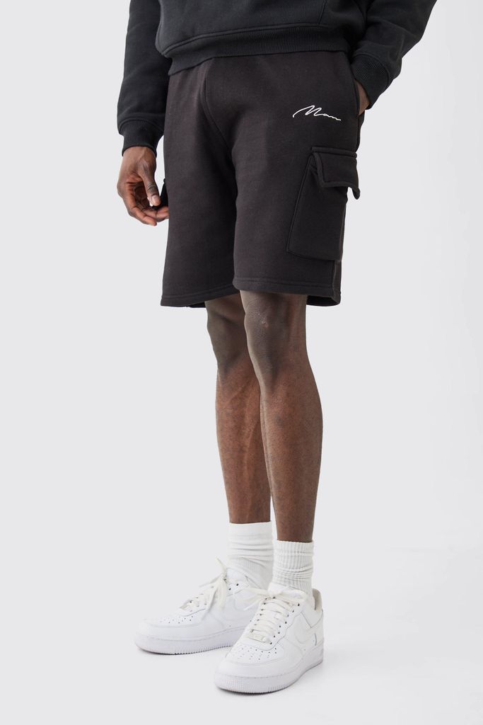 Men's Man Signature Mid Length Loose Cargo Shorts - Black - S, Black