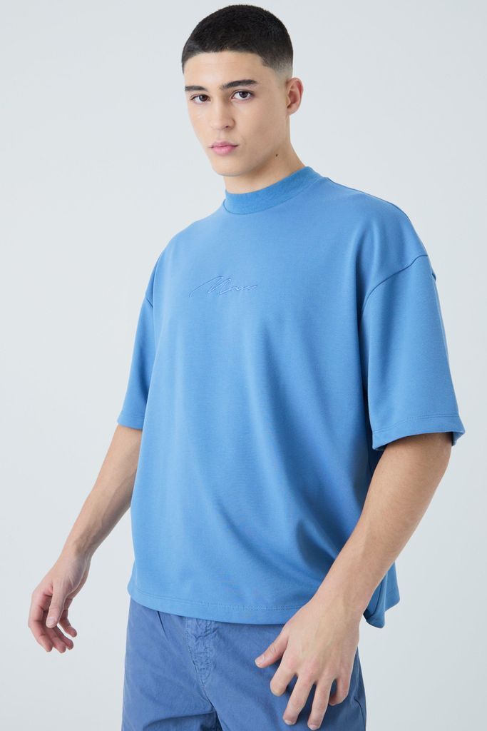 Men's Oversized Boxy Premium Super Heavyweight Embroidered T-Shirt - Blue - S, Blue