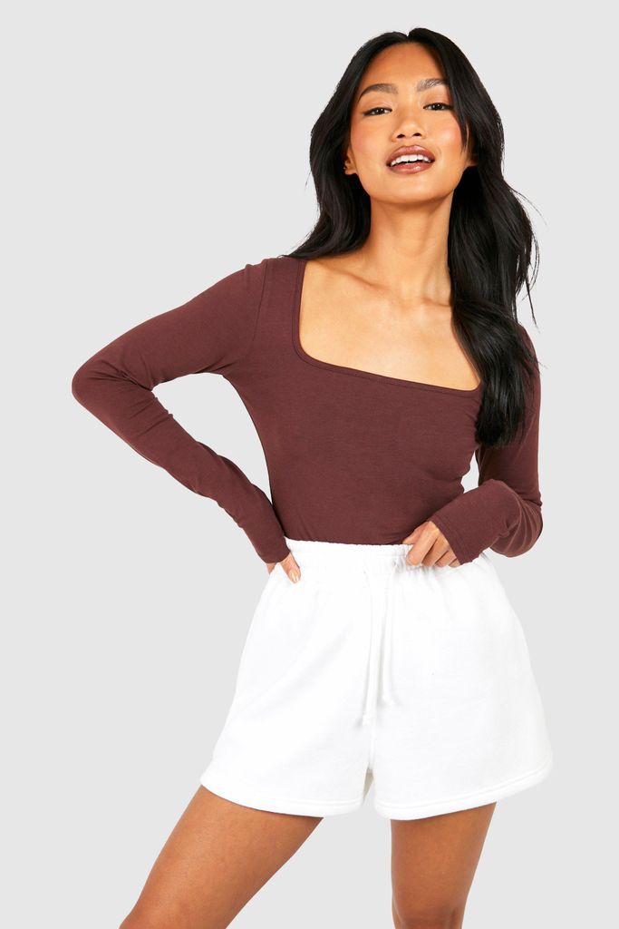 Womens Basic Cotton Square Neck Long Sleeve Top - Brown - 10, Brown