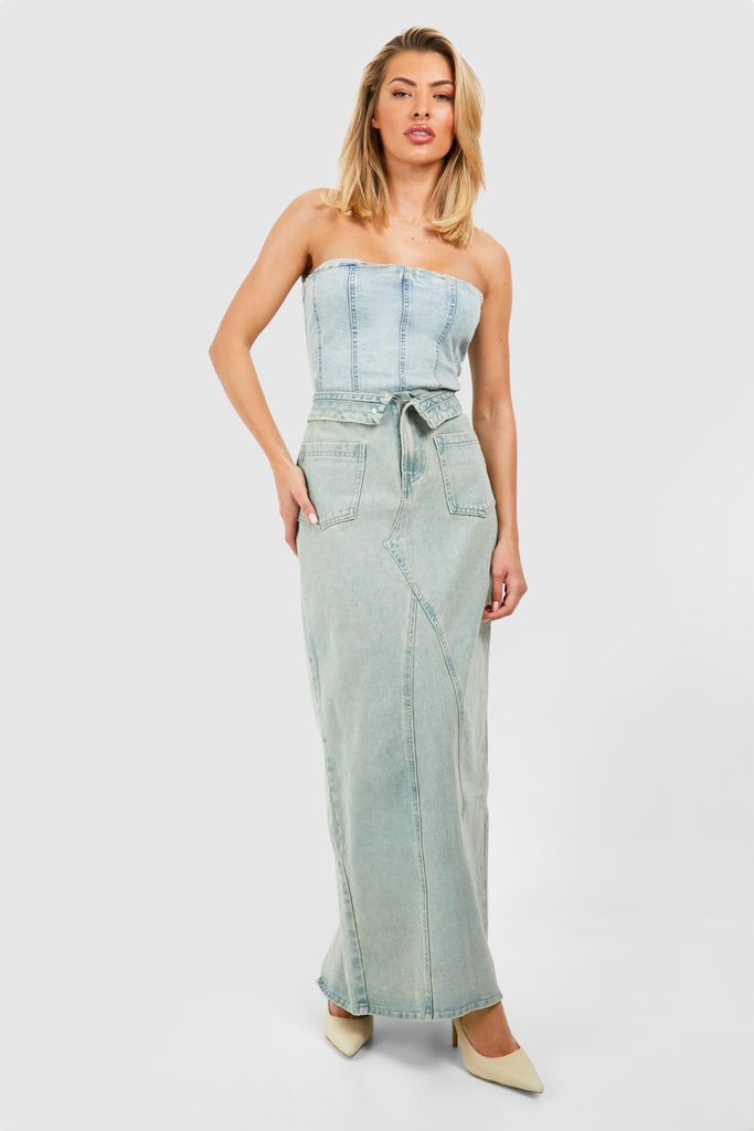 Womens Foldover Waistband Pocket Detail Denim Maxi Skirt - Blue - 6, Blue