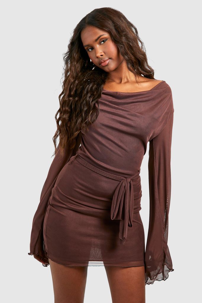 Womens Mesh Flare Cuff Mini Dress - Brown - 8, Brown