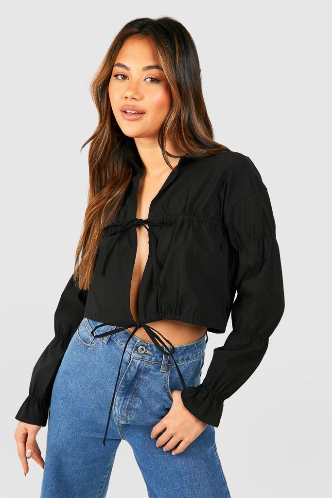 Womens Ruched Sleeve Tie Detail Cropped Shirt - Black - 6, Black