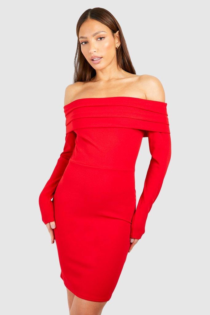 Womens Tall Crepe Ruched Bardot Mini Dress - Red - 8, Red