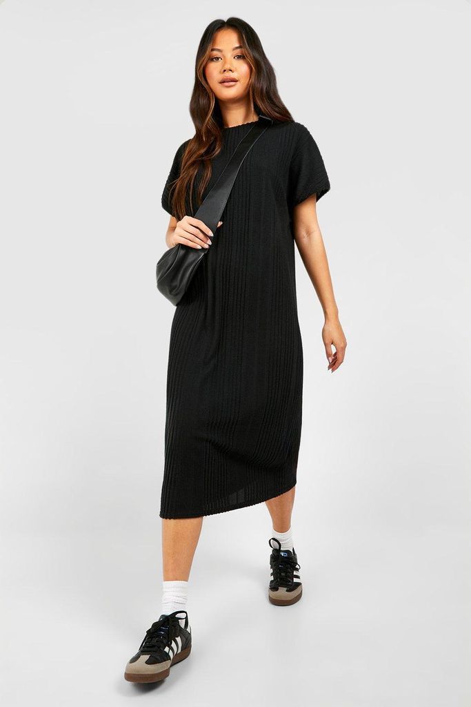 Womens Textured Rib Oversized Midi T-Shirt Dress - Black - 12, Black