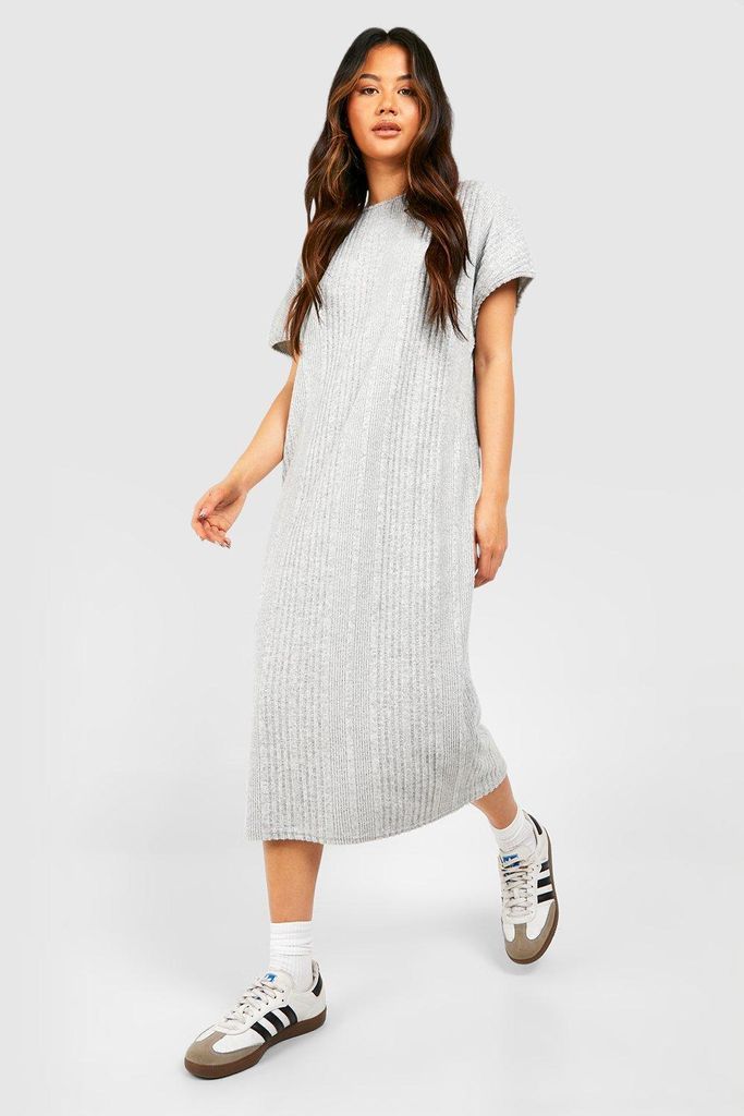 Womens Textured Rib Oversized Midi T-Shirt Dress - Grey - 8, Grey