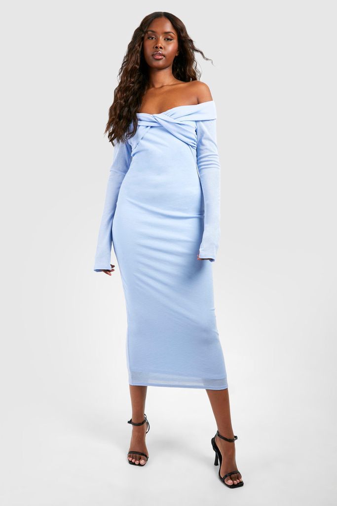 Womens Twist Detail Bardot Sheer Mesh Midaxi Dress - Blue - 8, Blue