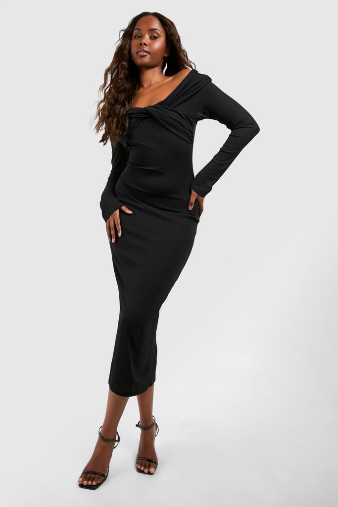 Womens Twist Detail Bardot Sheer Mesh Midaxi Dress - Black - 8, Black