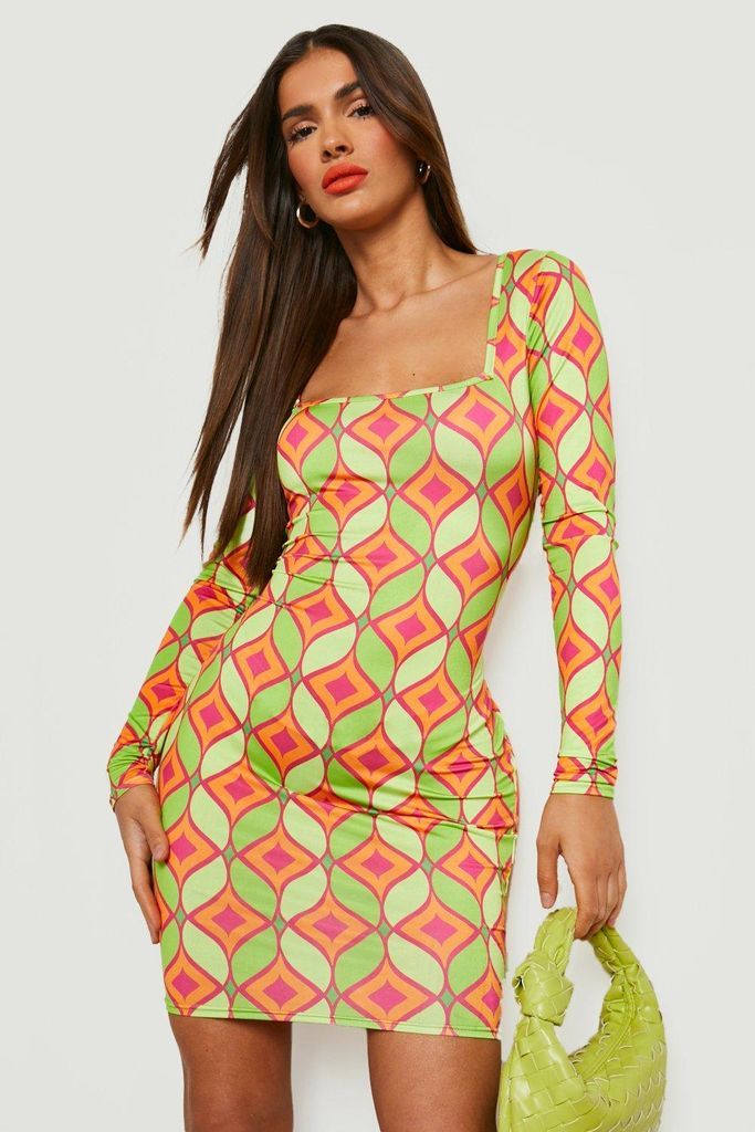 Womens Geo Print Slinky Square Neck Mini Dress - Multi - 10, Multi