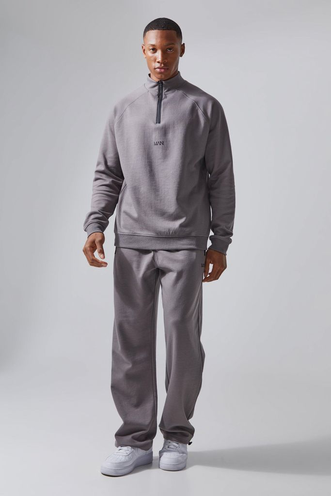 Men's Man Active Fleece 1/4 Zip And Jogger Tracksuit - Grey - S, Grey