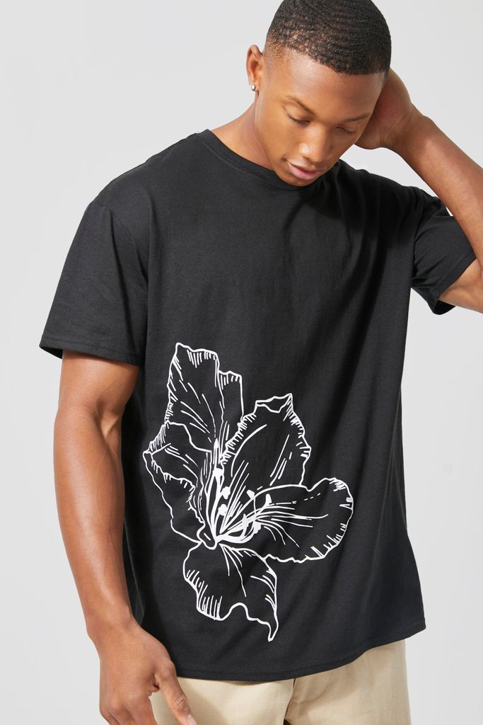 Men's Line Drawn Flower Print T-Shirt - Black - L, Black